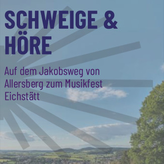 Schweige und Höre - Prospekttitel mit stilisierter Jakobsmuschel und Landschaft