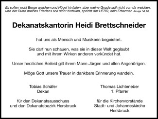 Traueranzeige Dekanatskantorin Heidi Brettschneider