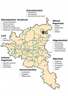 Die Karte des Dekanates Hersbruck mit Einteilung der Gemeinden in Regionen